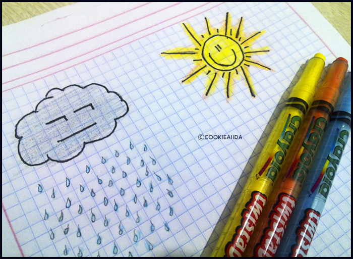 Gray clouds, crayons and sun