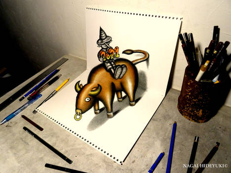 3D Drawing - Cow jumping out of paper