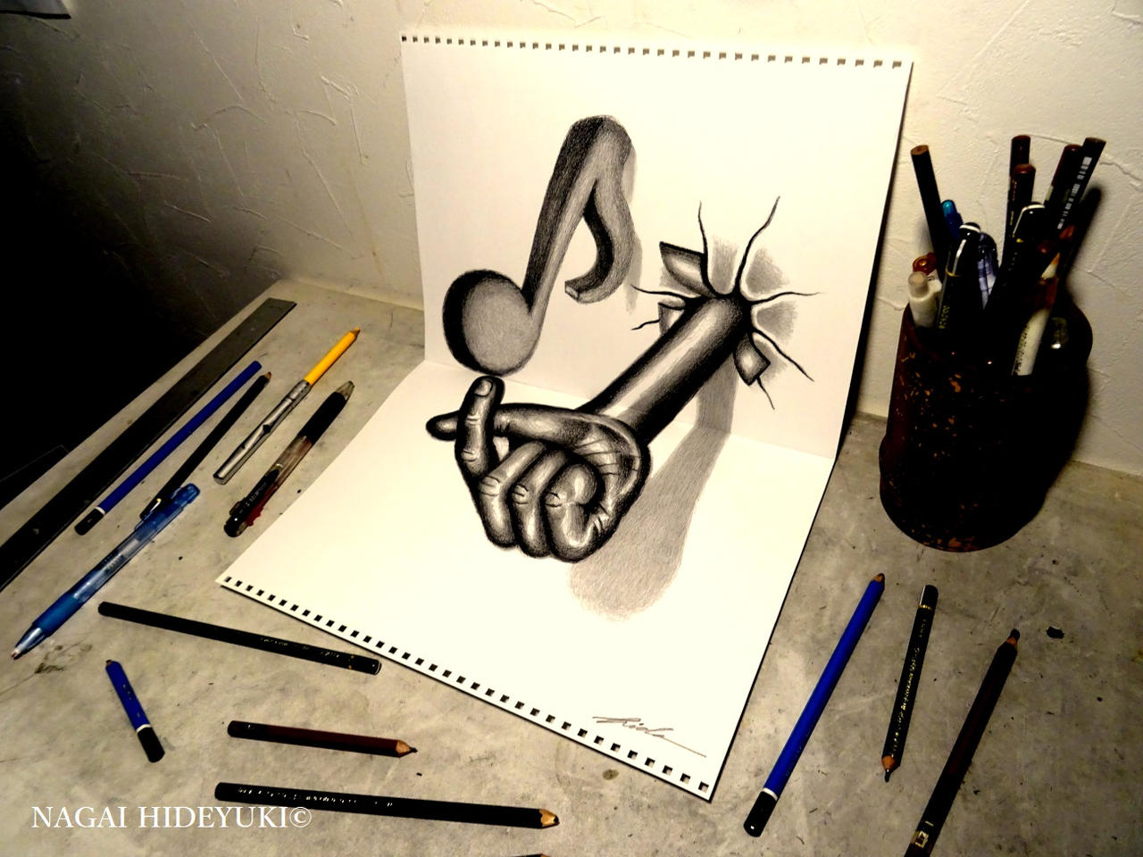 3D Drawing Musical notes popping out of paper by NagaiHideyuki on