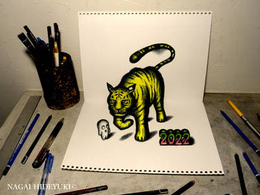 3D Drawing - A tiger jumping out of a sketchbook