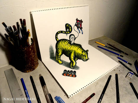 3D Drawing - Tiger popping out of paper