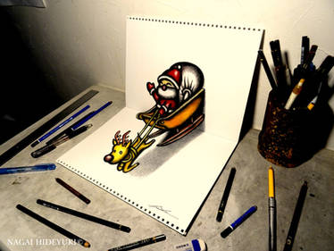 3D Drawing - Santa Claus popping out of paper