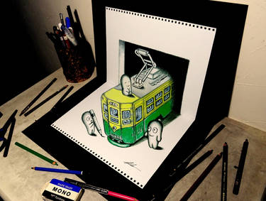 3D Drawing - Old train jumping out of a sketchbook