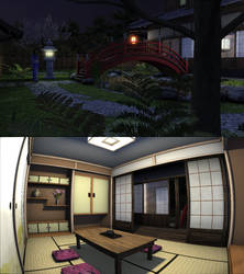 3D Japanese garden nighttime 2