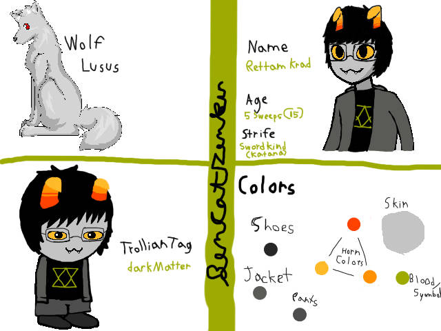 A big grey wolf creature on the upper left corner with red eyes. On the right is a Homestuck talksprite of the trollsona Rettam Krad. "He" has a bowl cut-esc hair style but also kinda a mullet almost, blend of the two. "He" has orange troll horns akin to pointed dog ears that are flopped down a bit. Is sporting square glasses and a :3 face with sharp teeth. Grey skin, yellow eyes, black hair, grey jacket on over a blakc undershirt that looks like two hour glasses stuck together. Age is "5 sweeps" AKA 15 years old on Alternia the Homestuck troll planet. Strife is sword-kind specified as a katana. Lower left corner is the same trollsona but as a cute little traditional homestuck sprite sporting the same accessories and appearance as before just with grey pants and darker grey shoes. To the right of the trollsona sprite is color picker style dots for the horns, blood color, pants, jacket, and shoes.