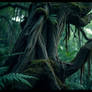 Old decaying tree in vivd jungle ferns moss and fu