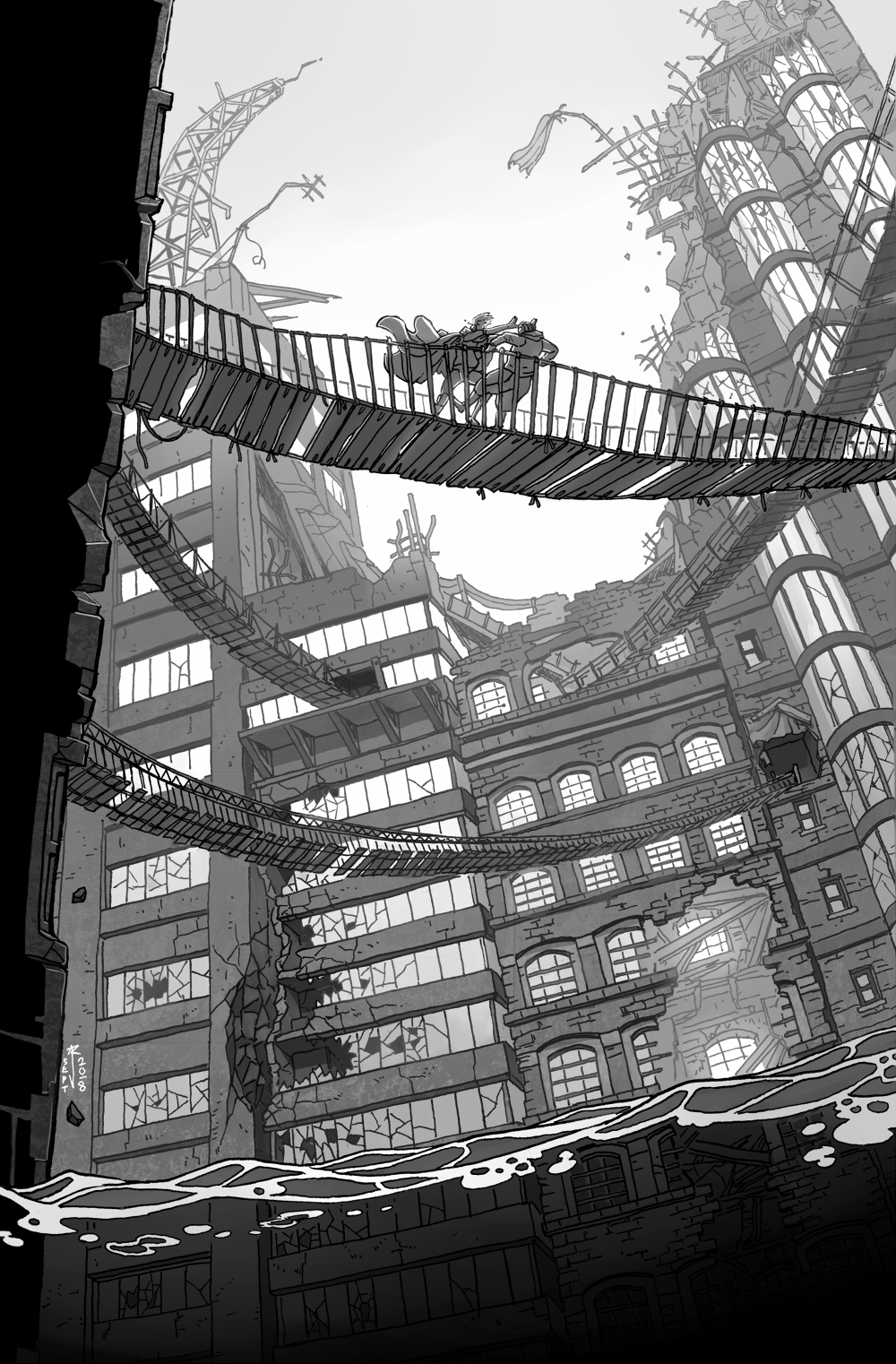 Skip and Poet tussle in the flooded city by Jackarais