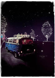 Blue VW Bus Winter Lights