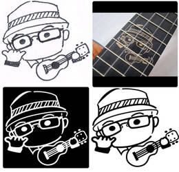 Caricature of Manny with a ukulele for inlay