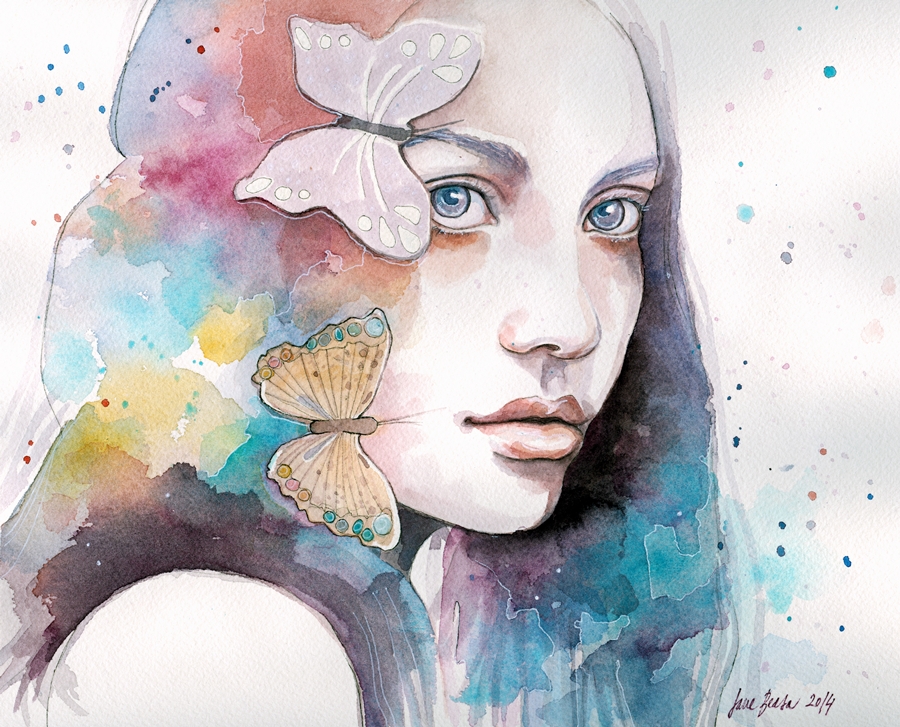 Lady with a butterfly, watercolor study