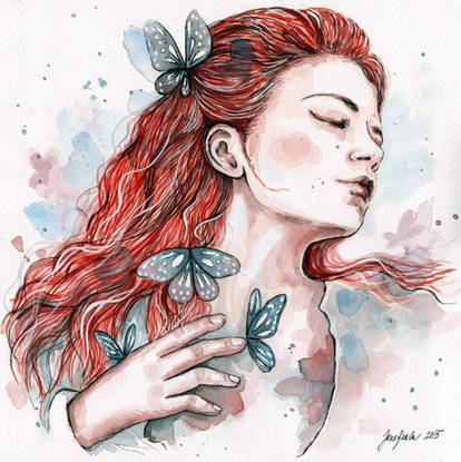 Girl with a butterfly, watercolor