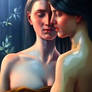 Two women glued together by their chests (ai)