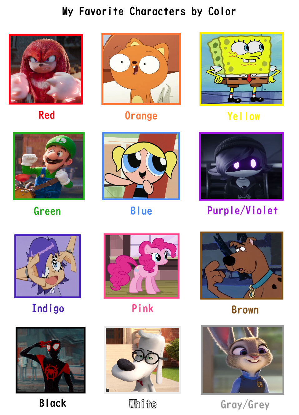 My Favorite Characters By Color by DudePivot47 on DeviantArt