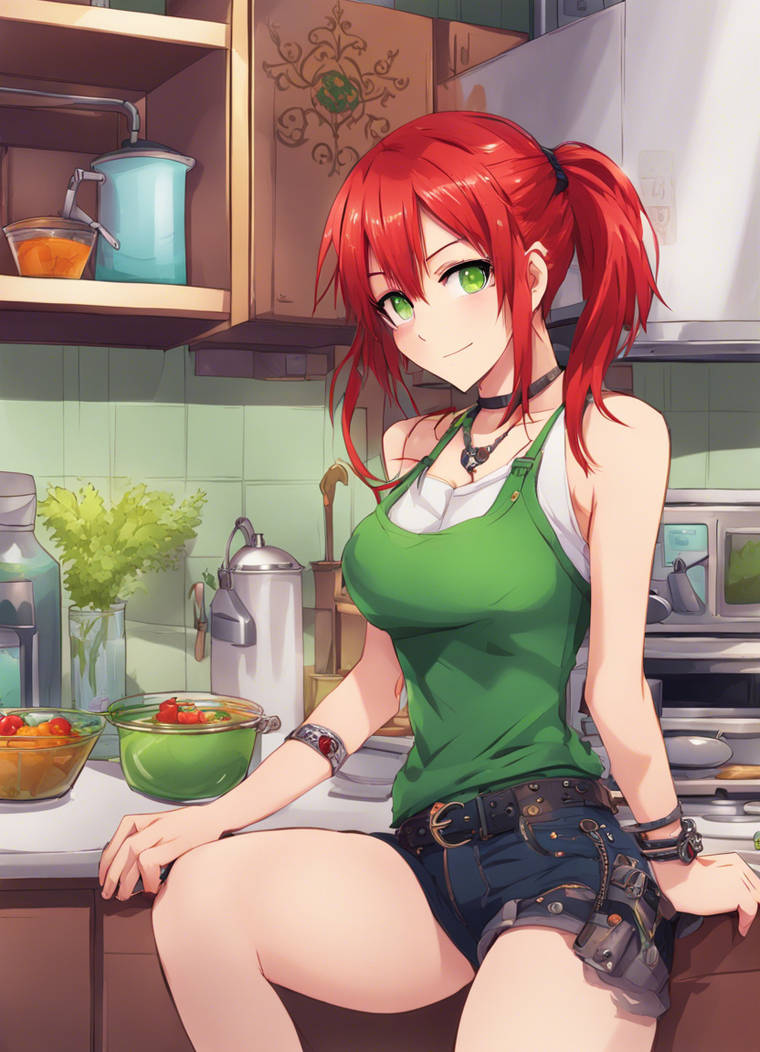 Red hair punk girl in the kitchen