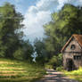 Trees and Barn - Digital Landscape Painting