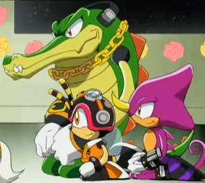 (Screenshot) Team Chaotix sitting on the floor