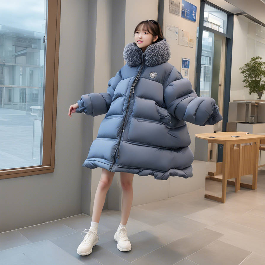 A high school girl wearing an extremely puffer mul