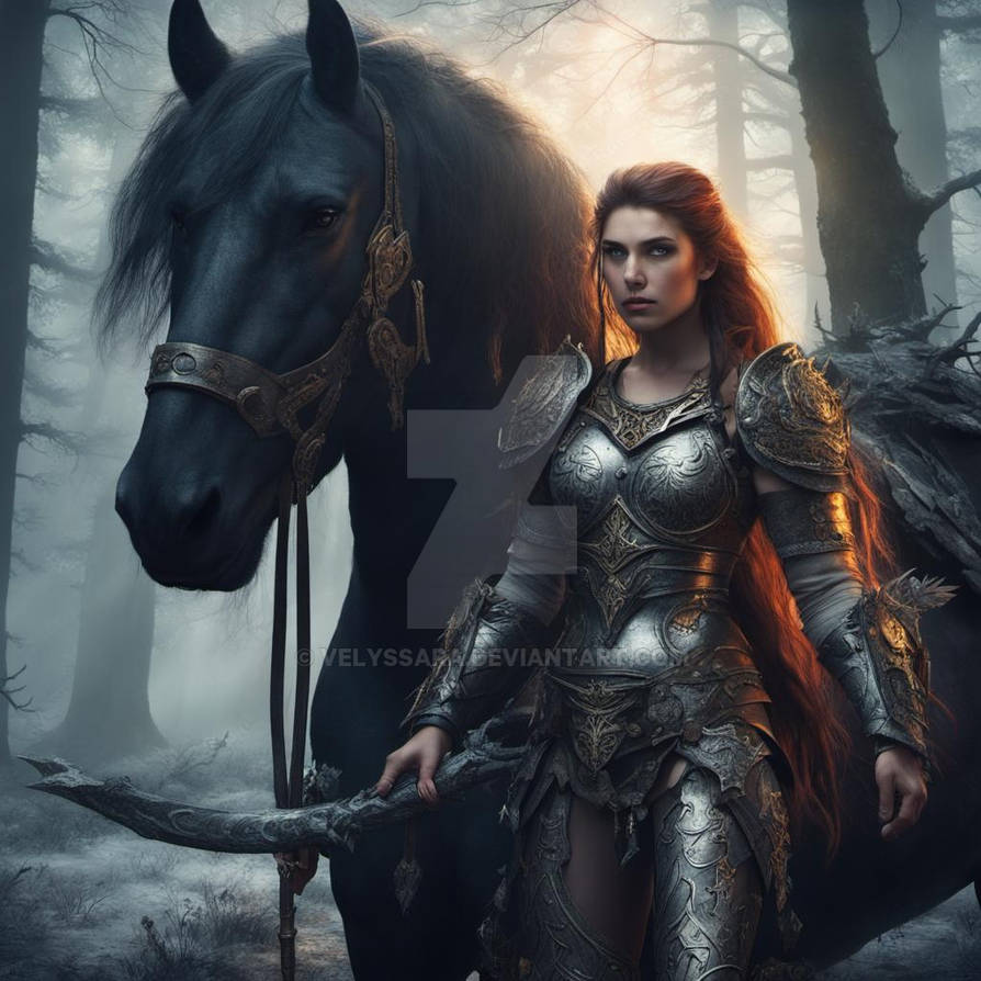 Warrior Princess and Black Horse In Dark Forest