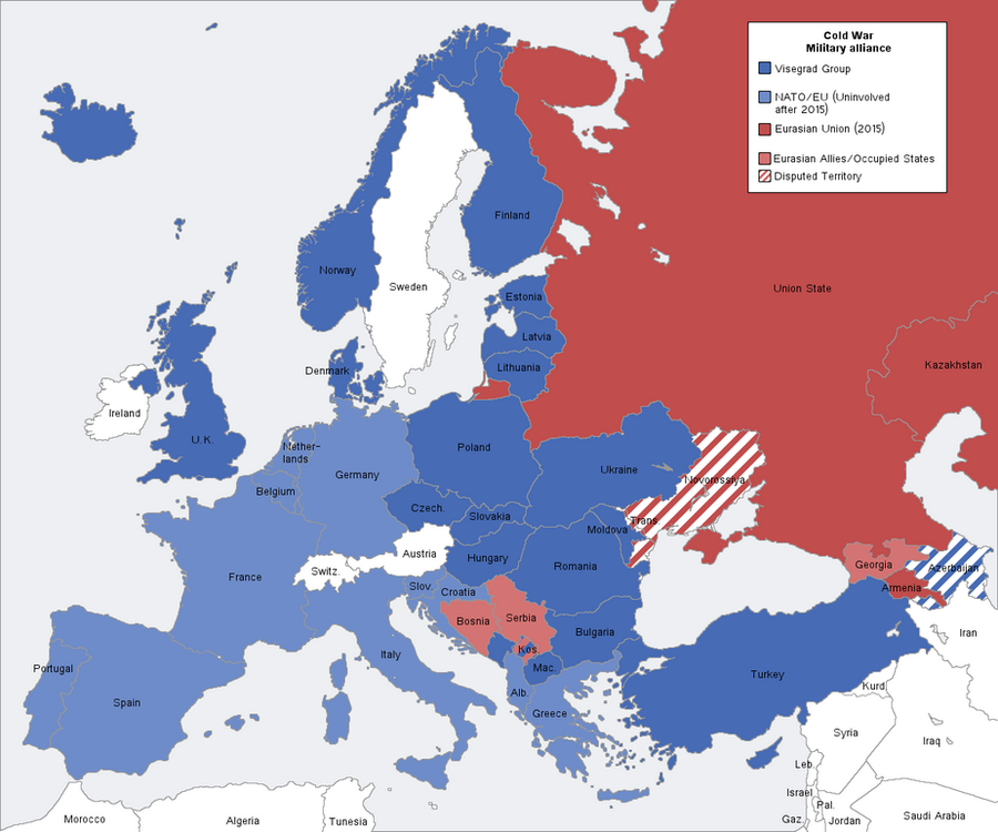 Странам нато конец. Карта холодной войны СССР - США. Карта холодной войны союзники США И СССР. Альтернативная карта Европы после холодной войны.