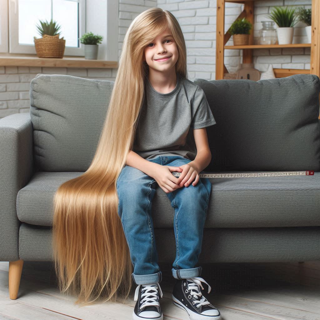 Sitting on the couch with 4-feet long hair.