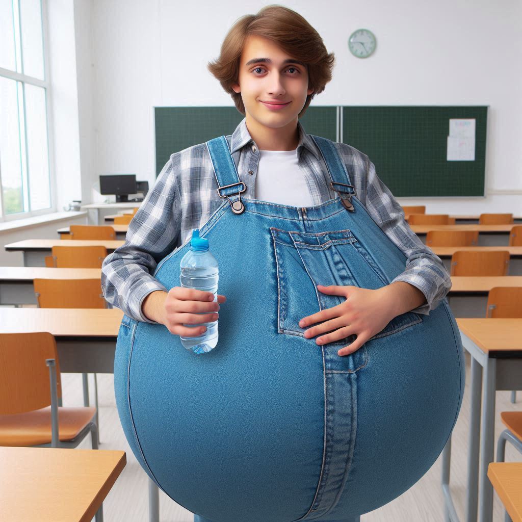 The boy with a large belly at school