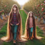 Siblings with very long hair in the Apple Orchard