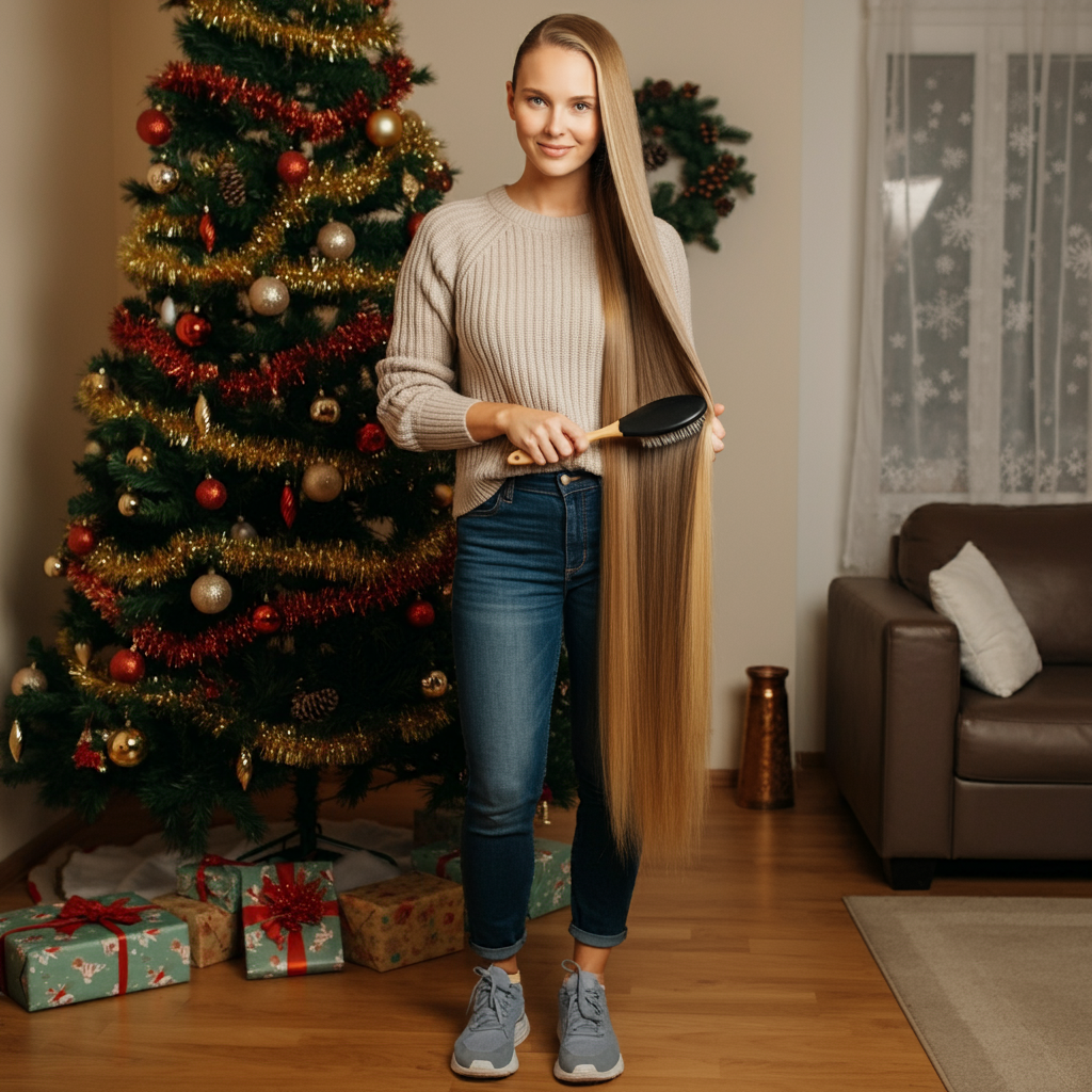 Brushing her hair by the Christmas Tree