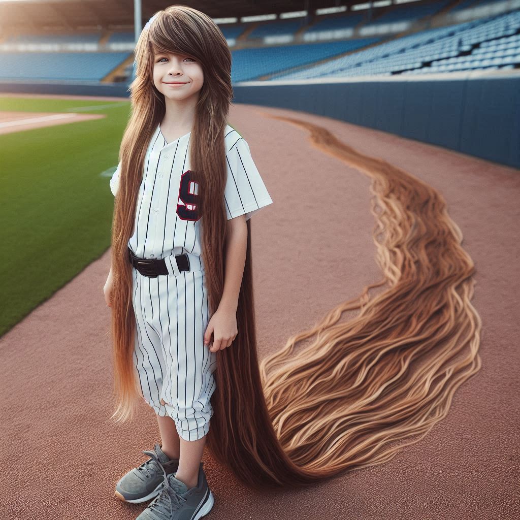 A baseball boy with extremely long hair