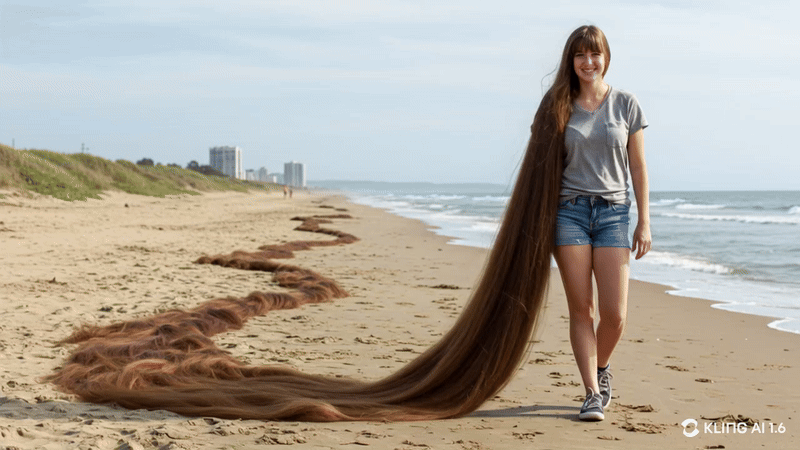 Walking on the Beach with 100-meter long hair