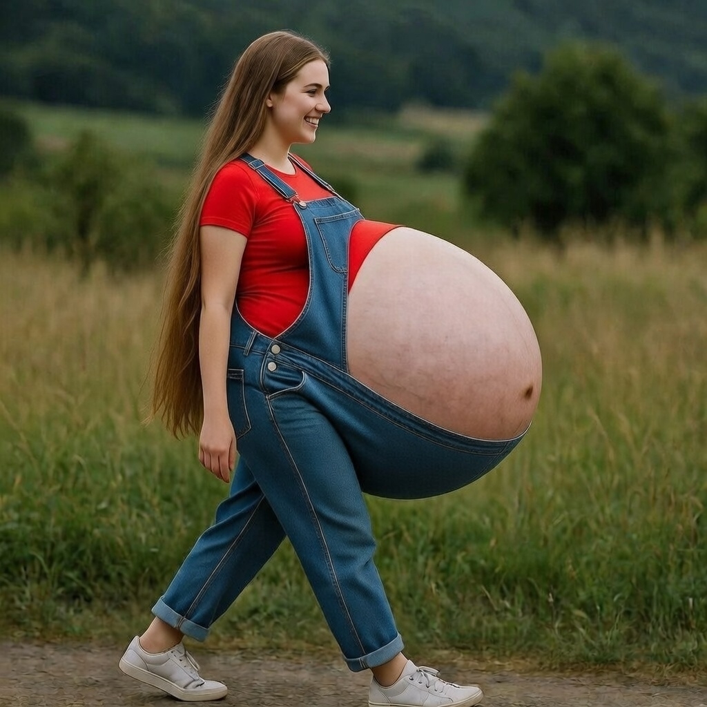 College Girl's Massive Belly in the countryside