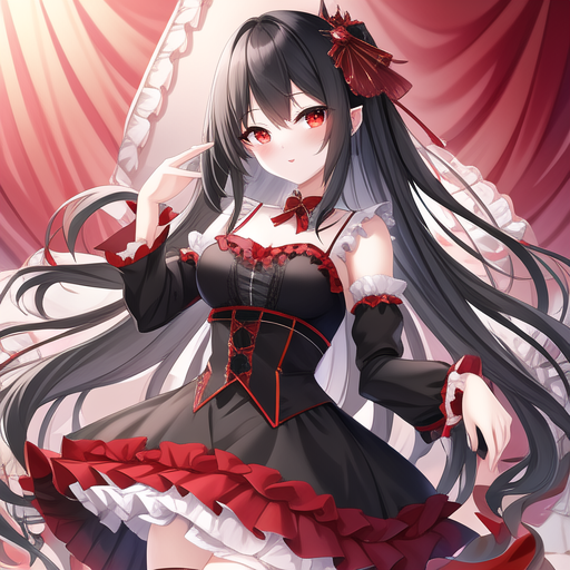 Beautiful anime girl with black hair and red eyes