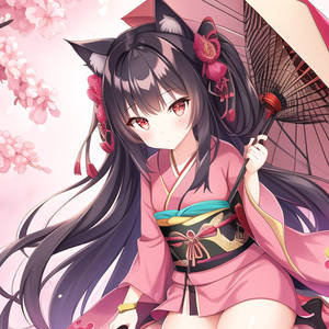 A girl wearing pink kimono with caty eyes,cat ears