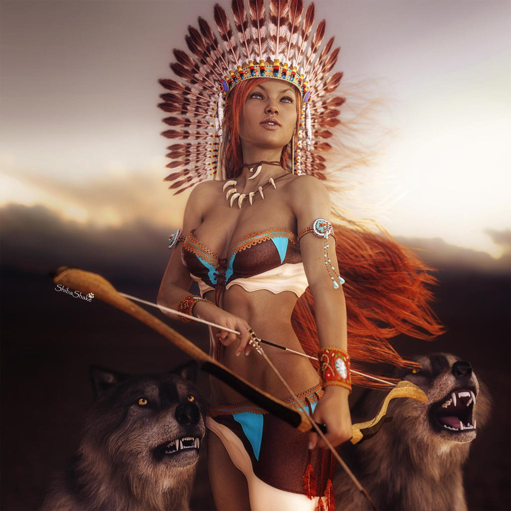 Native American Girl With Wolves Fantasy Art By Shibashake