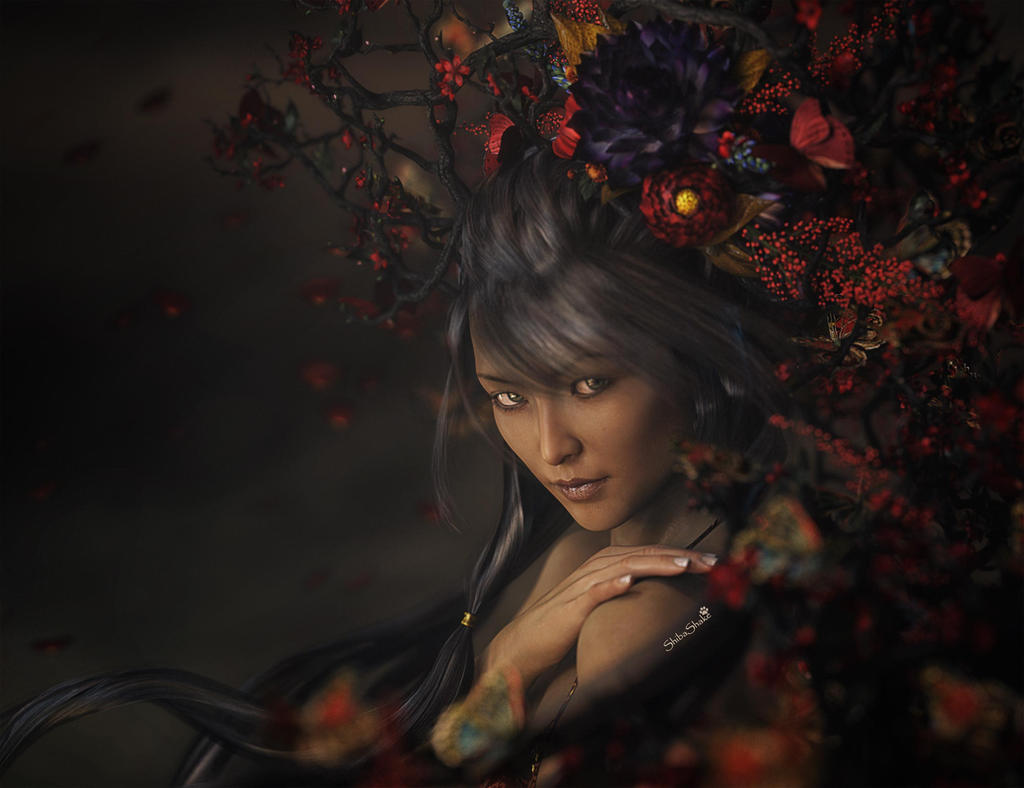 Asian Girl with Red Flowers, Portrait Art