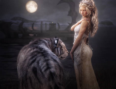 White Tiger and Fantasy White Lady, 3D-Art