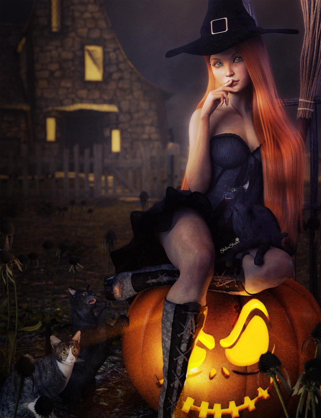 Redhead Witch Sitting on a Pumpkin, 3D-Art
