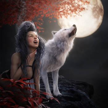 Wolf Girl Howling to the Moon, Fantasy Art by shibashake