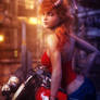 Cute Redhead Devil Girl and Motorcycle, Pin-Up Art