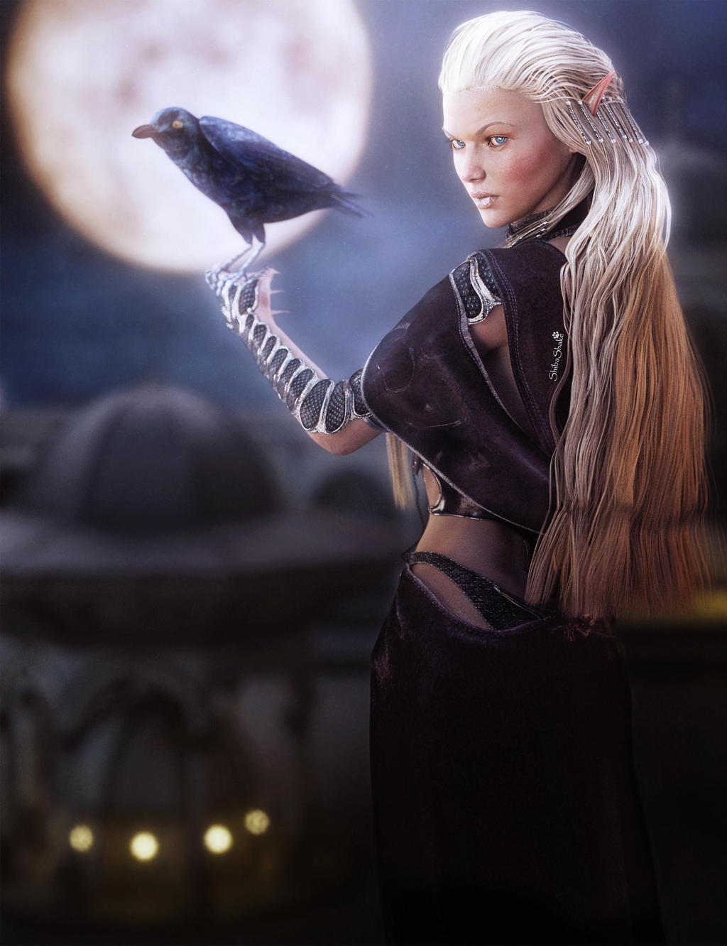 White Haired Elf Girl with Raven, Fantasy Art