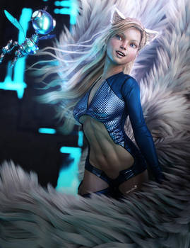 White SciFi Fox Girl with Tails, 3D-Art
