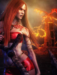 Redhead Fantasy Girl Warrior with Tattoos, 3D-Art