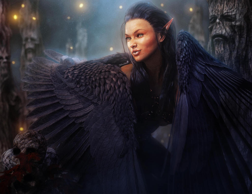 Dark-Haired, Dark-Winged Elf Woman, Fantasy Art