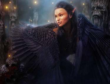 Dark-Haired, Dark-Winged Elf Woman, Fantasy Art