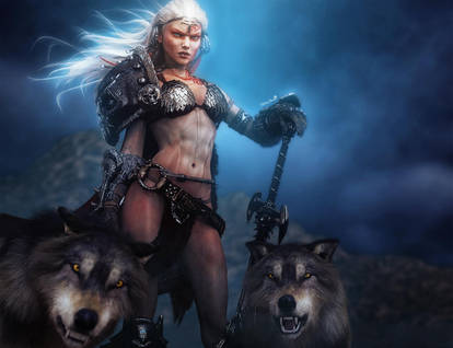 White-haired Wolf Warrior Woman Fantasy Art