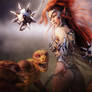 Redhead Elf Warrior Woman vs Lizardmen Fantasy Art