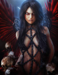 Dark-Haired Demon Girl with Red Wings, Fantasy Art