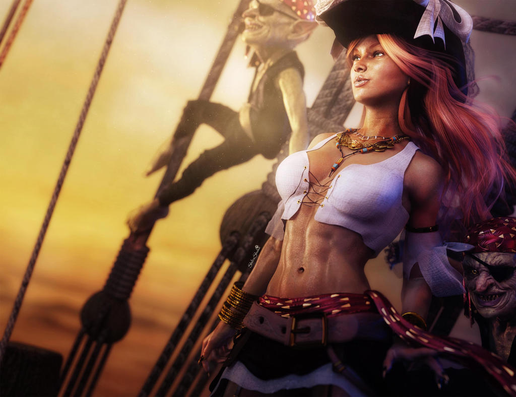 Redhead Pirate Girl Pin-up, Fantasy Art