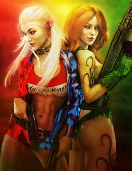 Harley Quinn + Poison Ivy with Guns, Comic Fan-Art