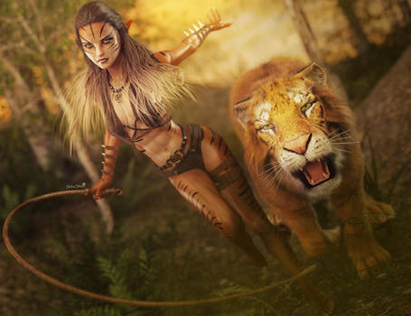 Sexy Cat Girl with Whip and Tiger, Fantasy 3D-Art