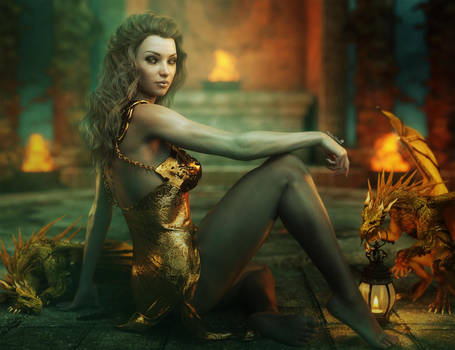 Beautiful Fantasy Woman + Gold Dragons, Iray Image